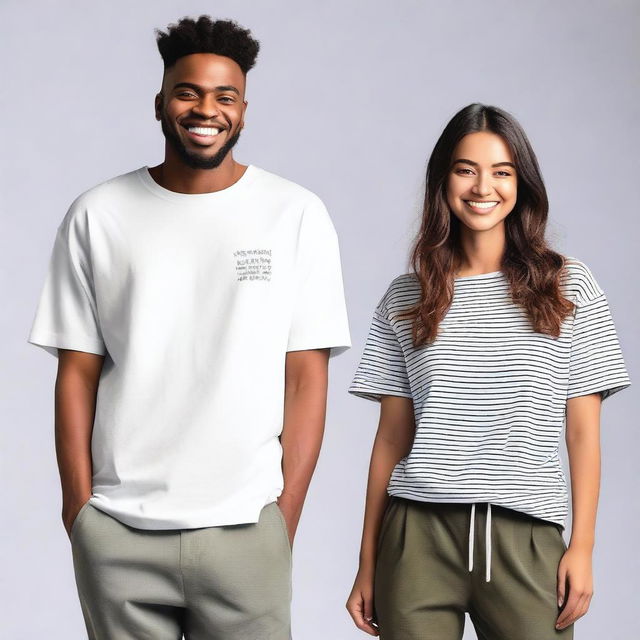 A couple wearing oversized T-shirts with simple, unique, elegant, and attractive designs on the front