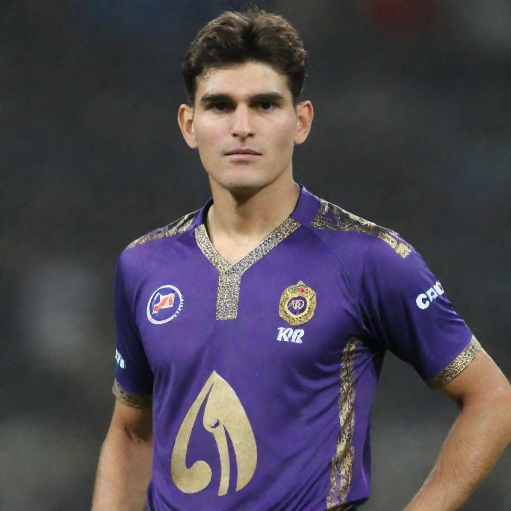 Shaheen Shah Afridi, the Pakistani cricketer, wearing the purple and gold jersey of the Kolkata Knight Riders IPL team