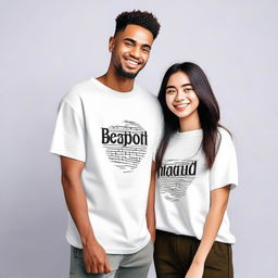 A couple wearing oversized T-shirts with simple, unique, elegant, and attractive designs on the front