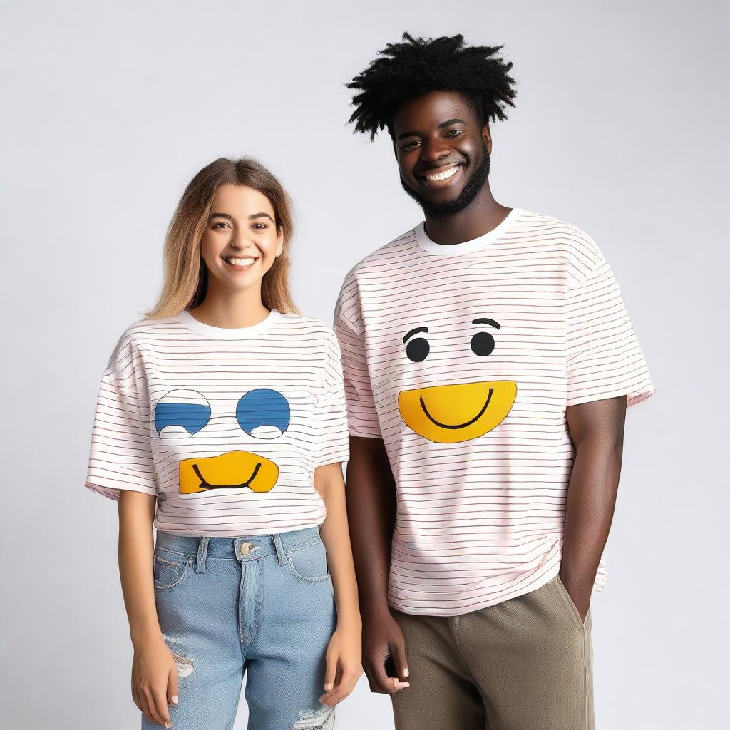 A couple wearing oversized T-shirts with attractive designs on the front