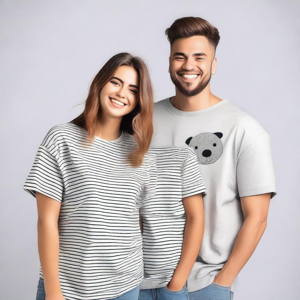 A couple wearing oversized T-shirts with attractive designs on the front