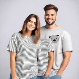 A couple wearing oversized T-shirts with attractive designs on the front