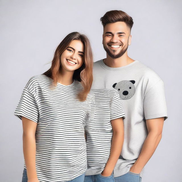 A couple wearing oversized T-shirts with attractive designs on the front