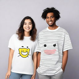 A couple wearing oversized T-shirts with attractive designs on the front