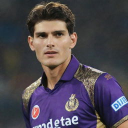 Shaheen Shah Afridi, the Pakistani cricketer, wearing the purple and gold jersey of the Kolkata Knight Riders IPL team