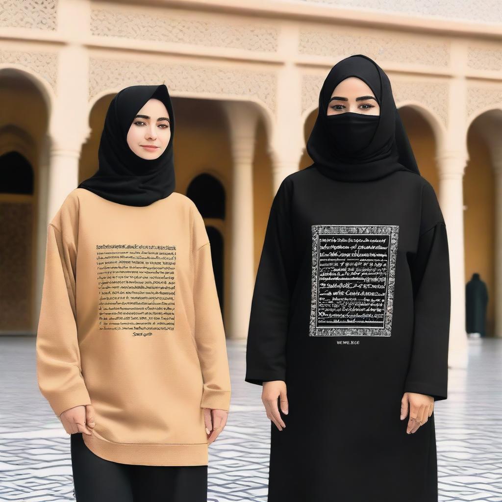 A couple wearing oversized T-shirts, with the female in an abaya and a shirt on top of the abaya