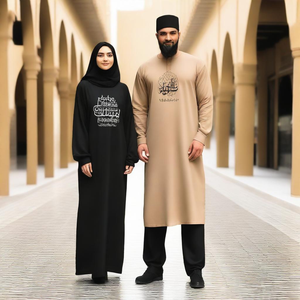 A couple wearing oversized T-shirts, with the female in an abaya and a shirt on top of the abaya