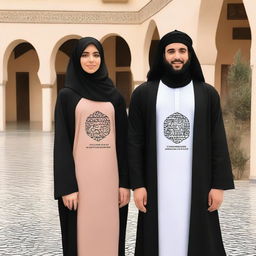 A couple wearing oversized T-shirts, with the female in an abaya and a shirt on top of the abaya