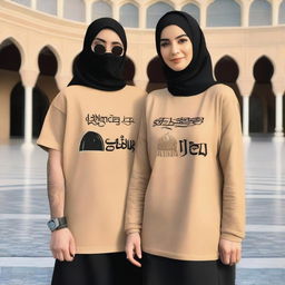 A couple wearing oversized T-shirts, with the female in an abaya and a shirt on top of the abaya