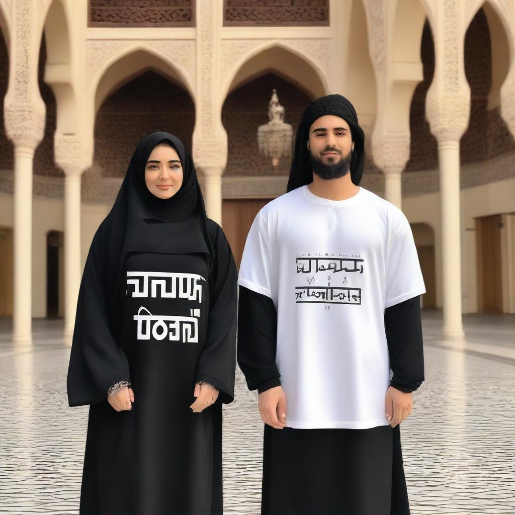 A couple wearing oversized T-shirts, with the female dressed in an abaya and a shirt over the abaya