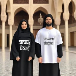 A couple wearing oversized T-shirts, with the female dressed in an abaya and a shirt over the abaya