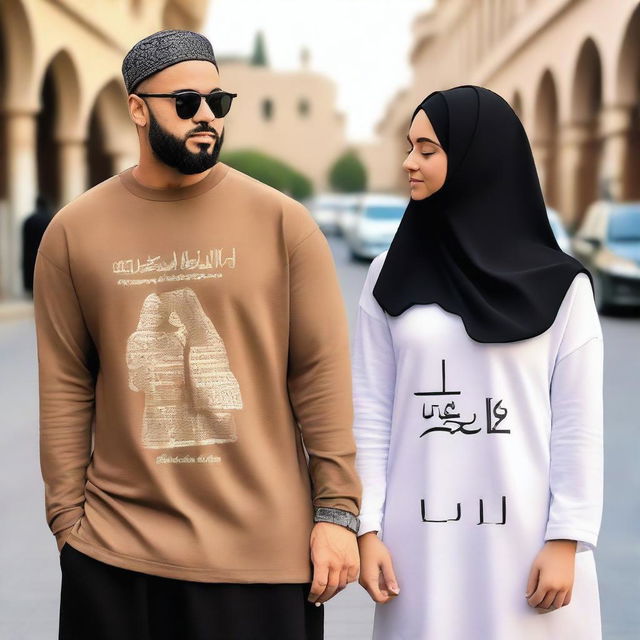 A couple wearing oversized T-shirts, with the female dressed in an abaya and a shirt over the abaya