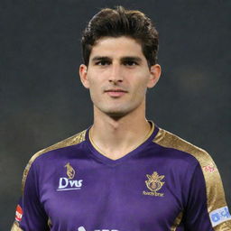 Shaheen Shah Afridi, the Pakistani cricketer, wearing the purple and gold jersey of the Kolkata Knight Riders IPL team