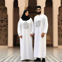 A couple wearing oversized T-shirts, with the female dressed in an abaya and a shirt over the abaya