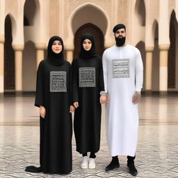 A couple wearing oversized T-shirts, with the female dressed in an abaya and a shirt over the abaya