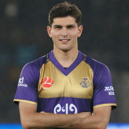 Shaheen Shah Afridi, the Pakistani cricketer, wearing the purple and gold jersey of the Kolkata Knight Riders IPL team