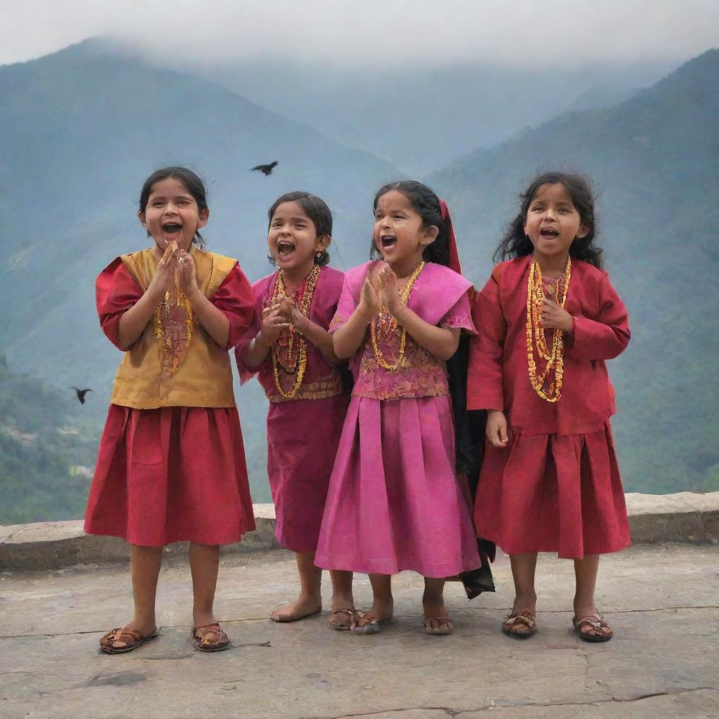 Cheerful children, dressed in the traditional attire of Uttarakhand, merrily singing as they scatter ghughutis for a flock of crows perched upon the rooftop.