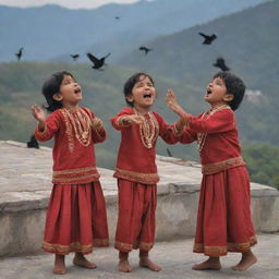 Cheerful children, dressed in the traditional attire of Uttarakhand, merrily singing as they scatter ghughutis for a flock of crows perched upon the rooftop.