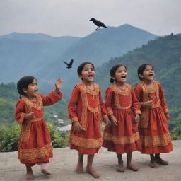 Cheerful children, dressed in the traditional attire of Uttarakhand, merrily singing as they scatter ghughutis for a flock of crows perched upon the rooftop.