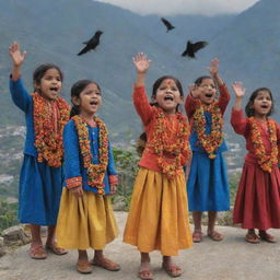 Cheerful children, dressed in the traditional attire of Uttarakhand, merrily singing as they scatter ghughutis for a flock of crows perched upon the rooftop.