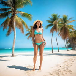 A woman wearing a bikini standing on a sunny beach with clear blue skies and turquoise waters in the background