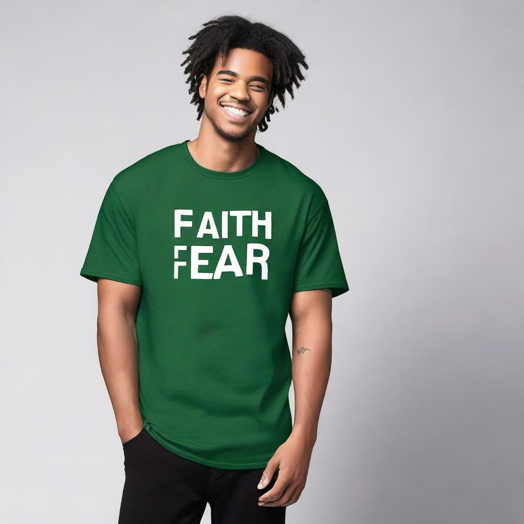 Create an image of an oversized men's T-shirt with the phrase 'Faith Over Fear' printed on the front side