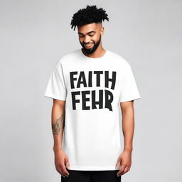 Create an image of an oversized men's T-shirt with the phrase 'Faith Over Fear' printed on the front side