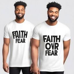 Create an image of an oversized men's T-shirt with the phrase 'Faith Over Fear' printed on the front side