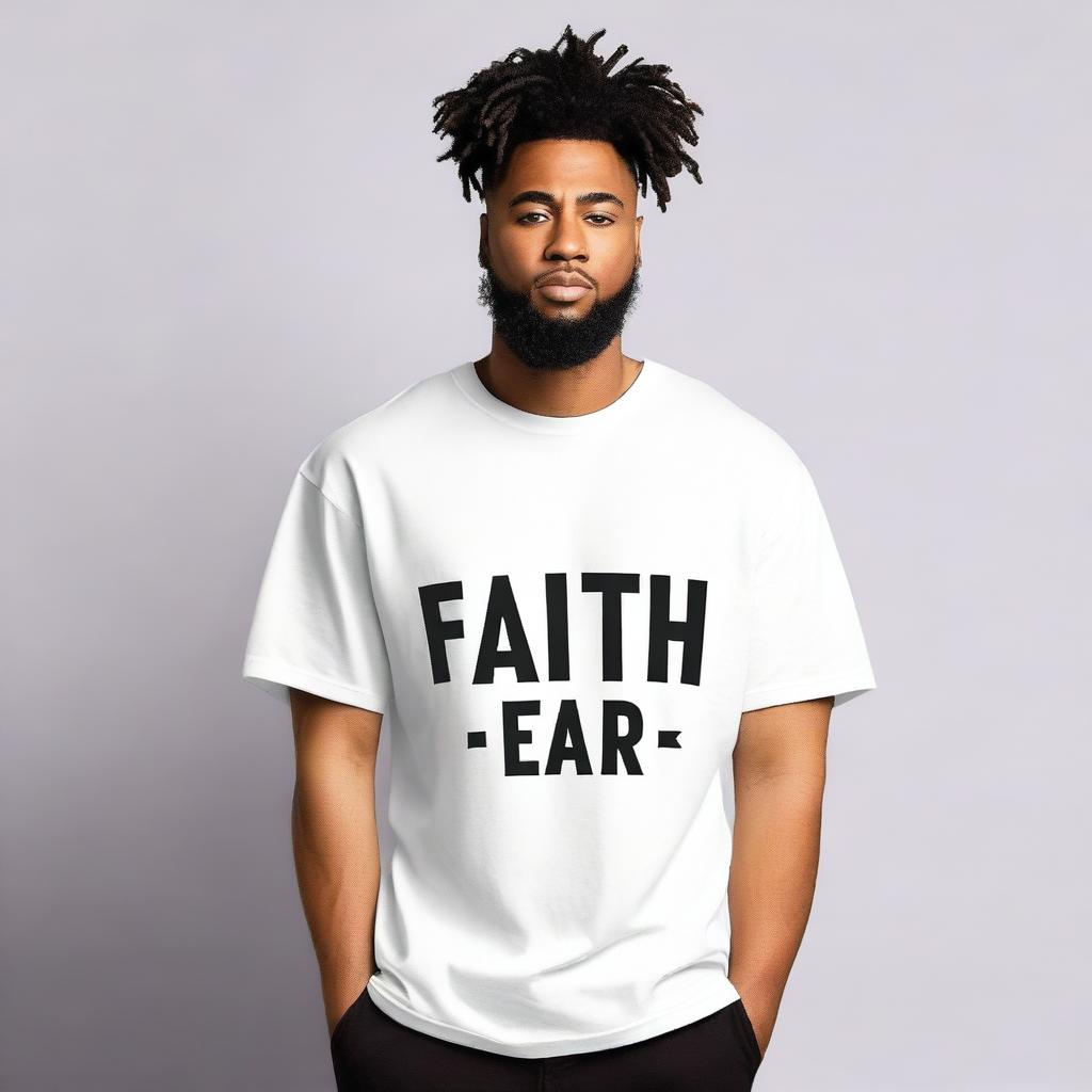 Create an image of an oversized men's T-shirt with the phrase 'Faith Over Fear' printed on the front side