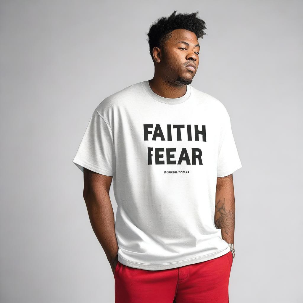 A men's oversized t-shirt with the text 'Faith Over Fear' prominently displayed on the front side in a large size