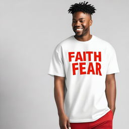 A men's oversized t-shirt with the text 'Faith Over Fear' prominently displayed on the front side in a large size