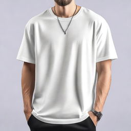 A men's oversized t-shirt featuring a unique small design on the front corner