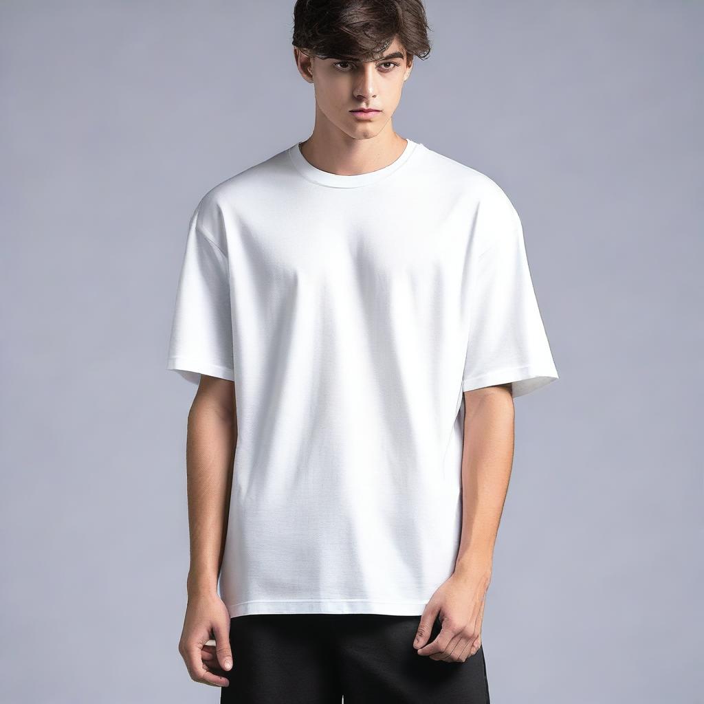 A men's oversized t-shirt featuring a unique small design on the front corner