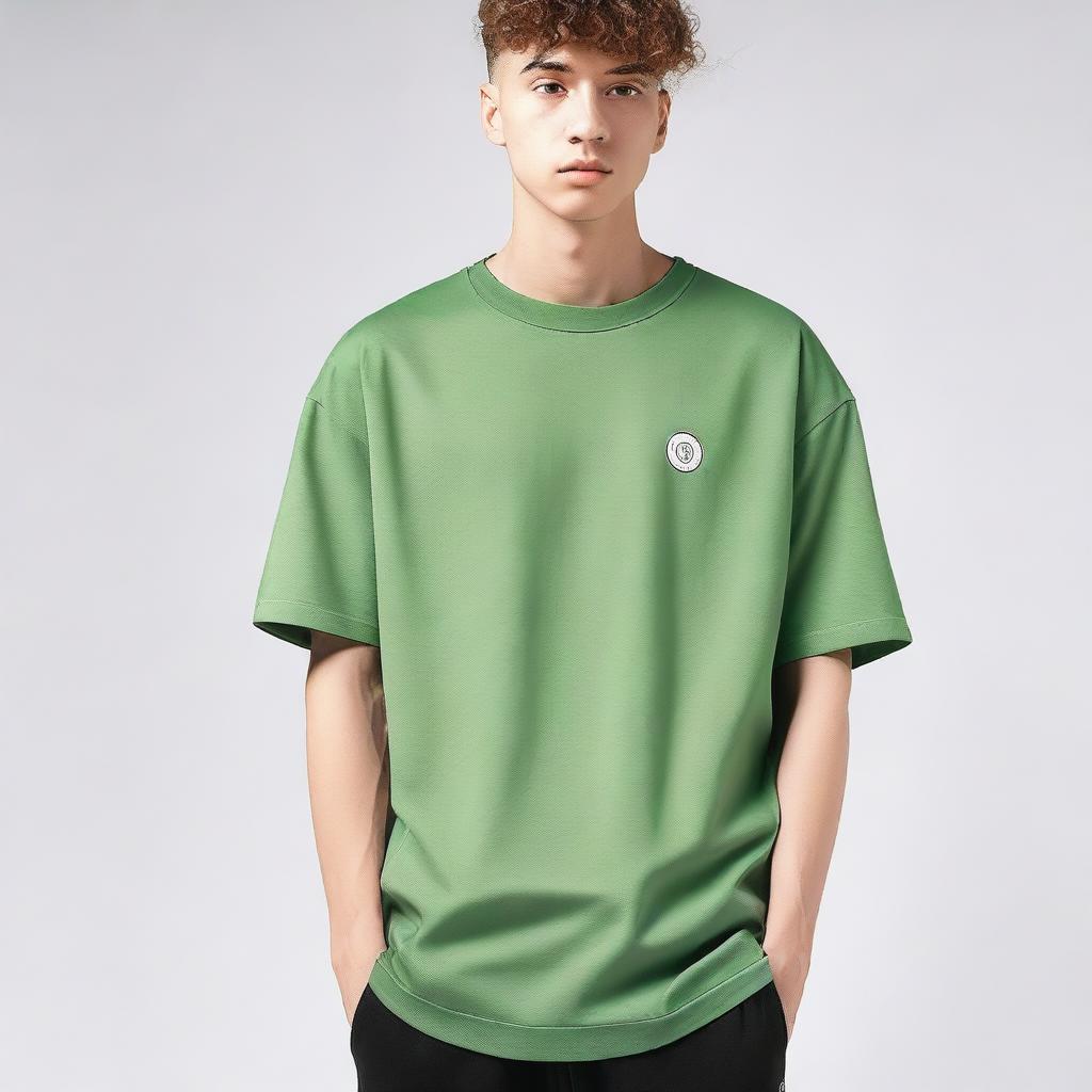 A men's oversized t-shirt featuring a unique small logo design on the front corner