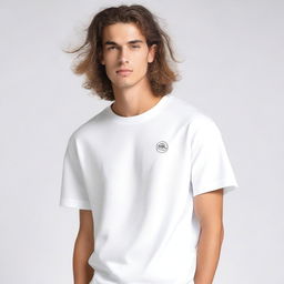 A men's oversized t-shirt featuring a unique small logo design on the front corner