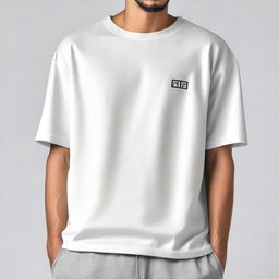 A men's oversized t-shirt featuring a unique small logo design on the front corner