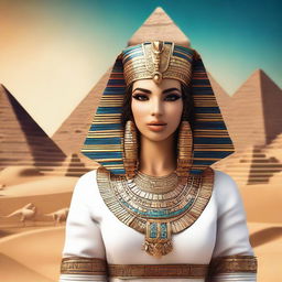 Create an image of Egyptian women dressed in traditional attire, standing in front of ancient pyramids