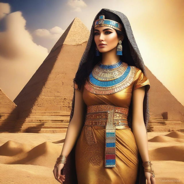 Create an image of Egyptian women dressed in traditional attire, standing in front of ancient pyramids