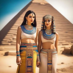 Create an image of Egyptian women dressed in traditional attire, standing in front of ancient pyramids