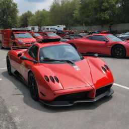 Pagani cars converted into quick response fire engines, adorned in bright red paint, fire department emblems, emergency lights, and equipped with essential firefighting gear.