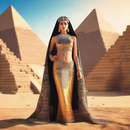 Create an image of Egyptian women dressed in traditional attire, standing in front of ancient pyramids