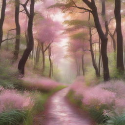 A serene nature scene at dawn, featuring a winding path through a lush forest