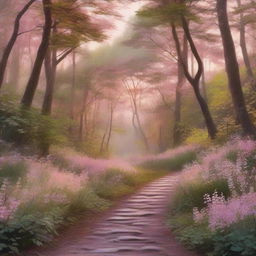 A serene nature scene at dawn, featuring a winding path through a lush forest