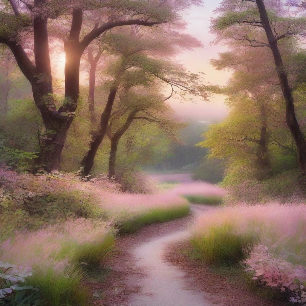 A serene nature scene at dawn, featuring a winding path through a lush forest