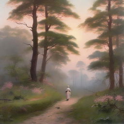 A serene nature scene at dawn, featuring a winding path through a lush forest