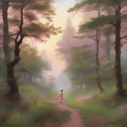 A serene nature scene at dawn, featuring a winding path through a lush forest