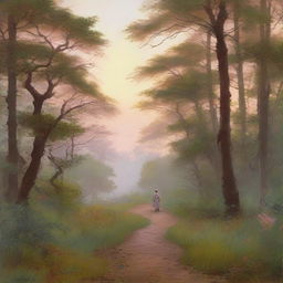 A serene nature scene at dawn, featuring a winding path through a lush forest