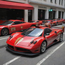 Pagani cars converted into quick response fire engines, adorned in bright red paint, fire department emblems, emergency lights, and equipped with essential firefighting gear.