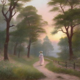 A peaceful nature scene at dawn, featuring a winding path illuminated by the soft glow of the early morning light