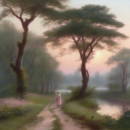 A peaceful nature scene at dawn, featuring a winding path illuminated by the soft glow of the early morning light